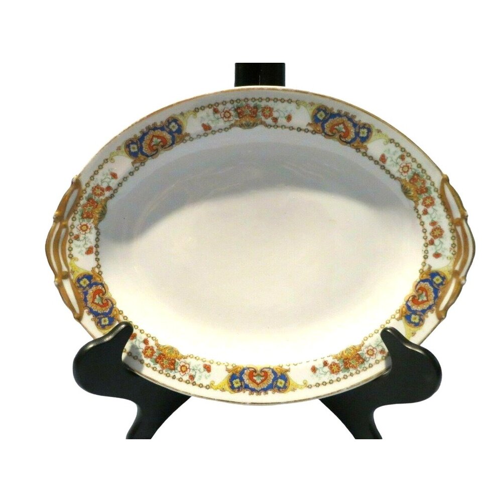 Vintage Oval Porcelain Platter With Gold Handles & Floral Motif Design SH201